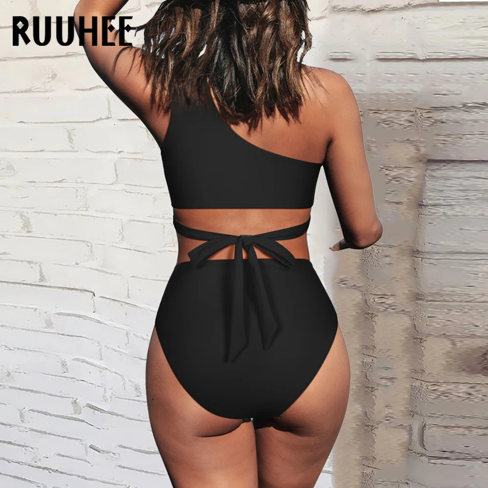 RUUHEE High Waist Bikini Woman Solid Swimsuit Women Swimwear Bathing Suit  Padded Push Up Ruched Swimsuit Women Bikini Set Color: B4803YB, Size: L