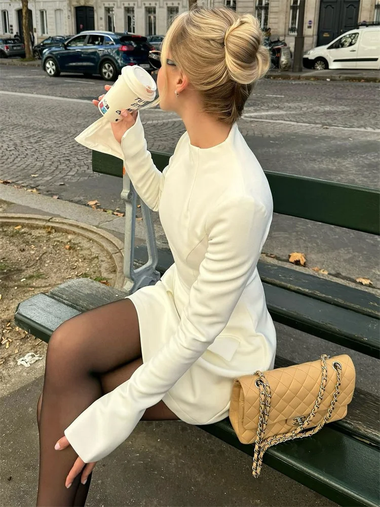 Female Autumn Elegant Mini Dress Women's Pocket Patchwork Slim Long Sleeve Commute Clothes Female Solid Casual Mini Dress