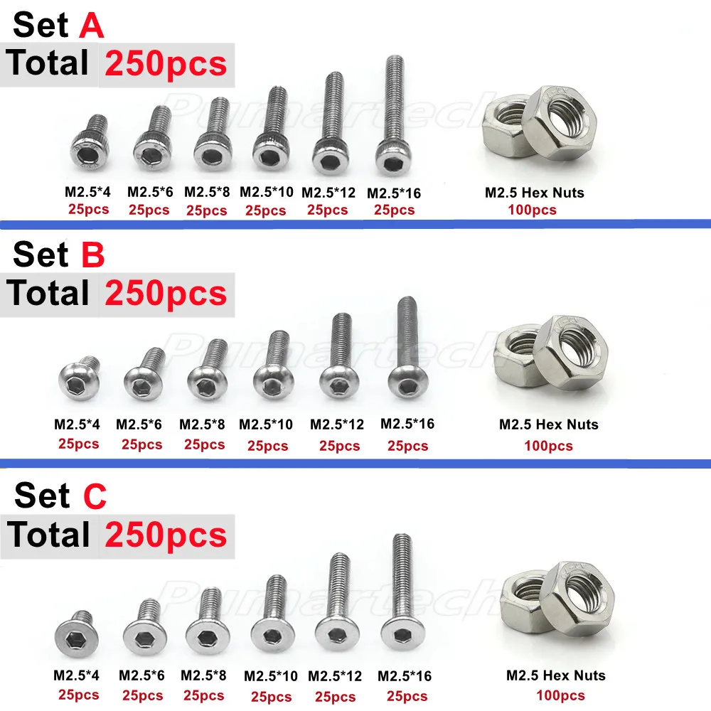 250pcs M2.5(2.5mm) A2 Stainless Steel Allen Bolts Hex Button Flat Socket Head Cap Screws With Nuts Assortment