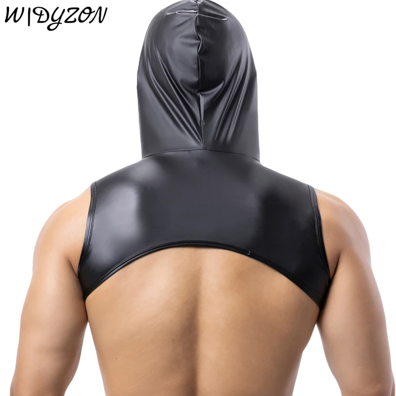 Mens Faux Leather Undershirts Sleeveless Hooded Tops Male Tank Tops Nightclub Stage Clothes Sexy Vests for Men