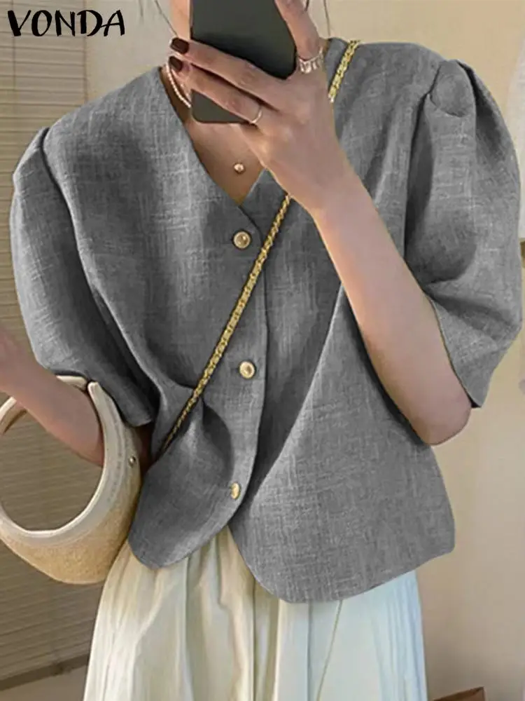 

2023 VONDA элегантные женские рубашки в офисном стиле, летние топы с коротким рукавом, модные пикантные повседневные однотонные Блузы на пуговицах с V-образным вырезом, уличная одежда