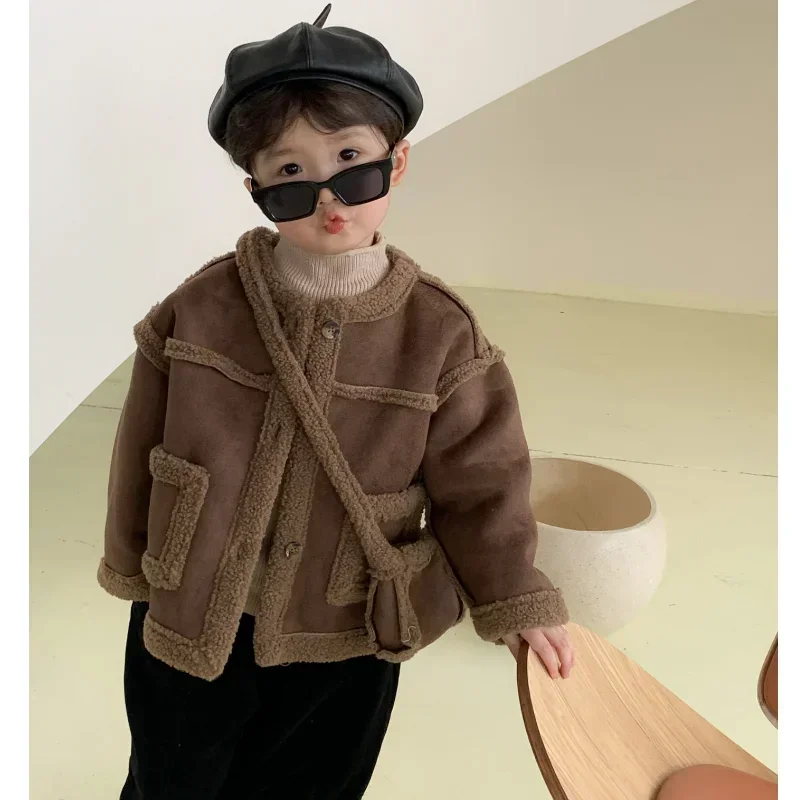 Children Velvet Warm Jackets with Bag Fashion Baby Kids Fleece Outwear Korean Boys Girls Zipper Thickness Suede Coat Winter