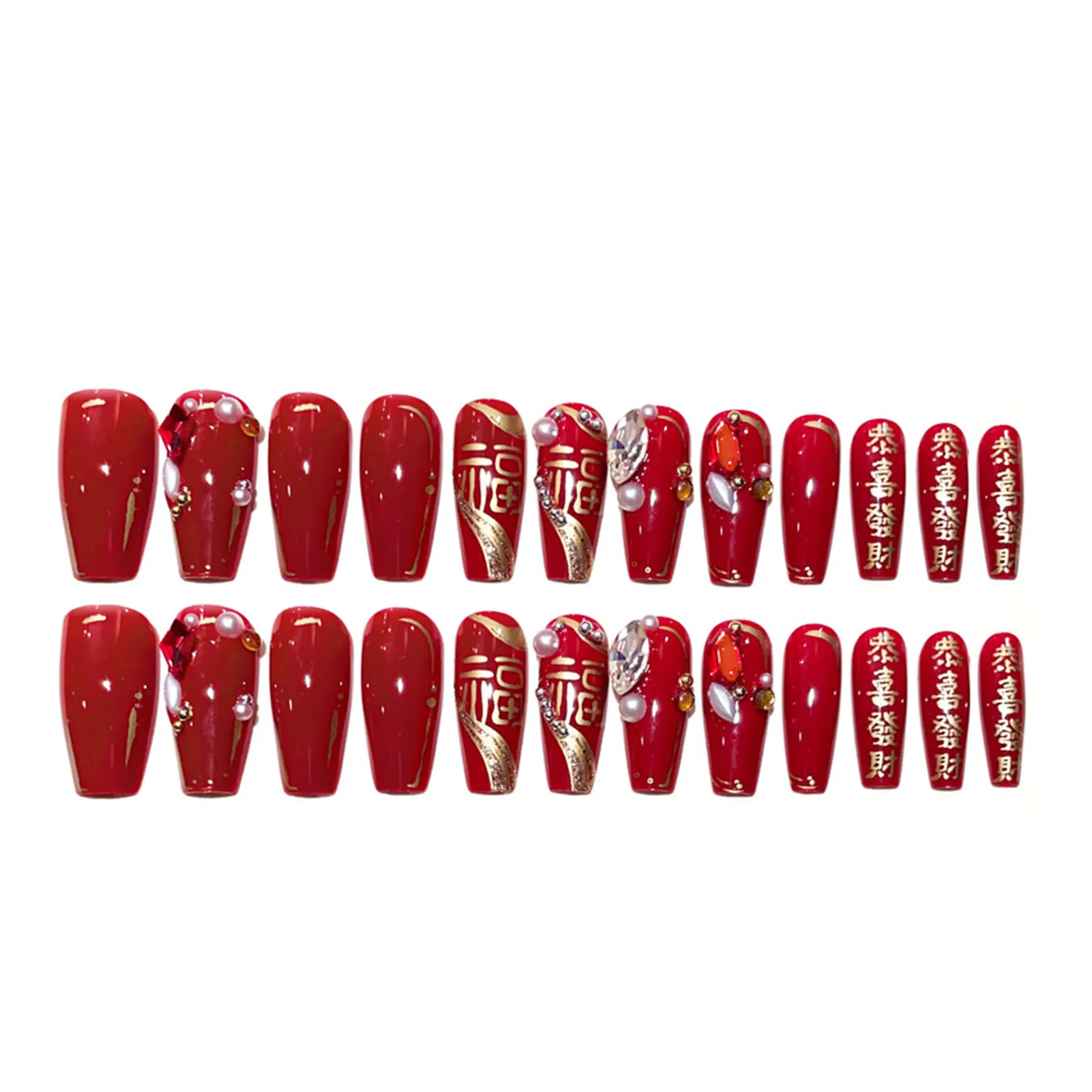 

24pcs Nail Art Coffin Fake Nail Chinese New Year Style Removable Artificial Nail for Women and Girl Party Activity
