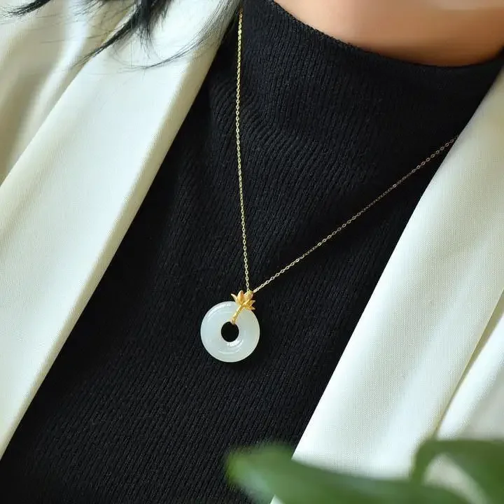 Independent design Hetian jade rings for women golden lotus necklace pendant ladies jewelry