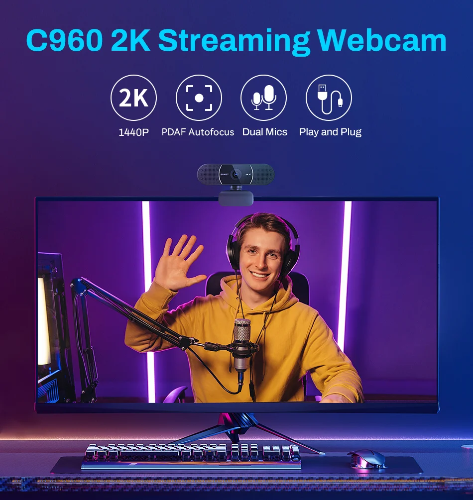 2K Webcam 1440P Webkamera Autofokus Streaming Kamera 1080P EMEET C960 2K mit Mikrofon USB Web Cam für YouTube Desktop Laptop – Detail 1