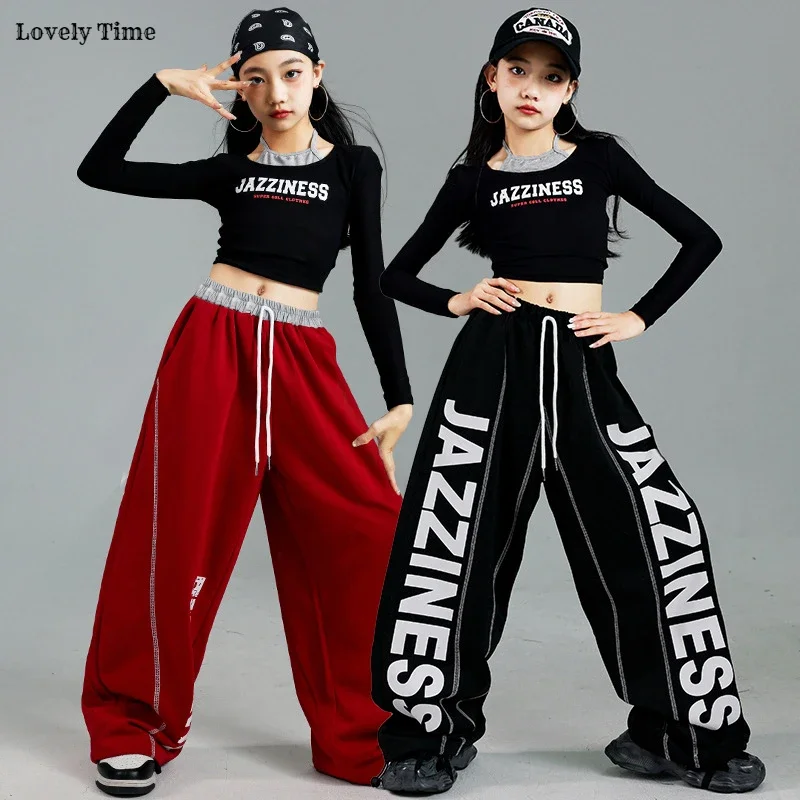 Girls K-pop Crop Top Cool Letters Sport Joggers Pants Girl Group Clothes Sets Children Hip Hop Streetwear Kids  Jazz Costumes 2