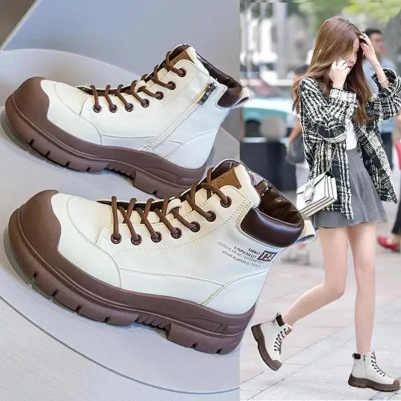 Genuine Leather Martin Boots for Women in Spring New Women's Boots Sith Thick Soles Side High Rise Canvas