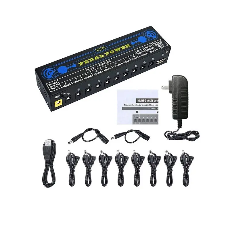 VSN Guitar Pedal Power Supply 10 Isolated DC Output 9V, 12V, 18V 100mA 500mA Bass Effect Pedals with USB Ports Charging Phone