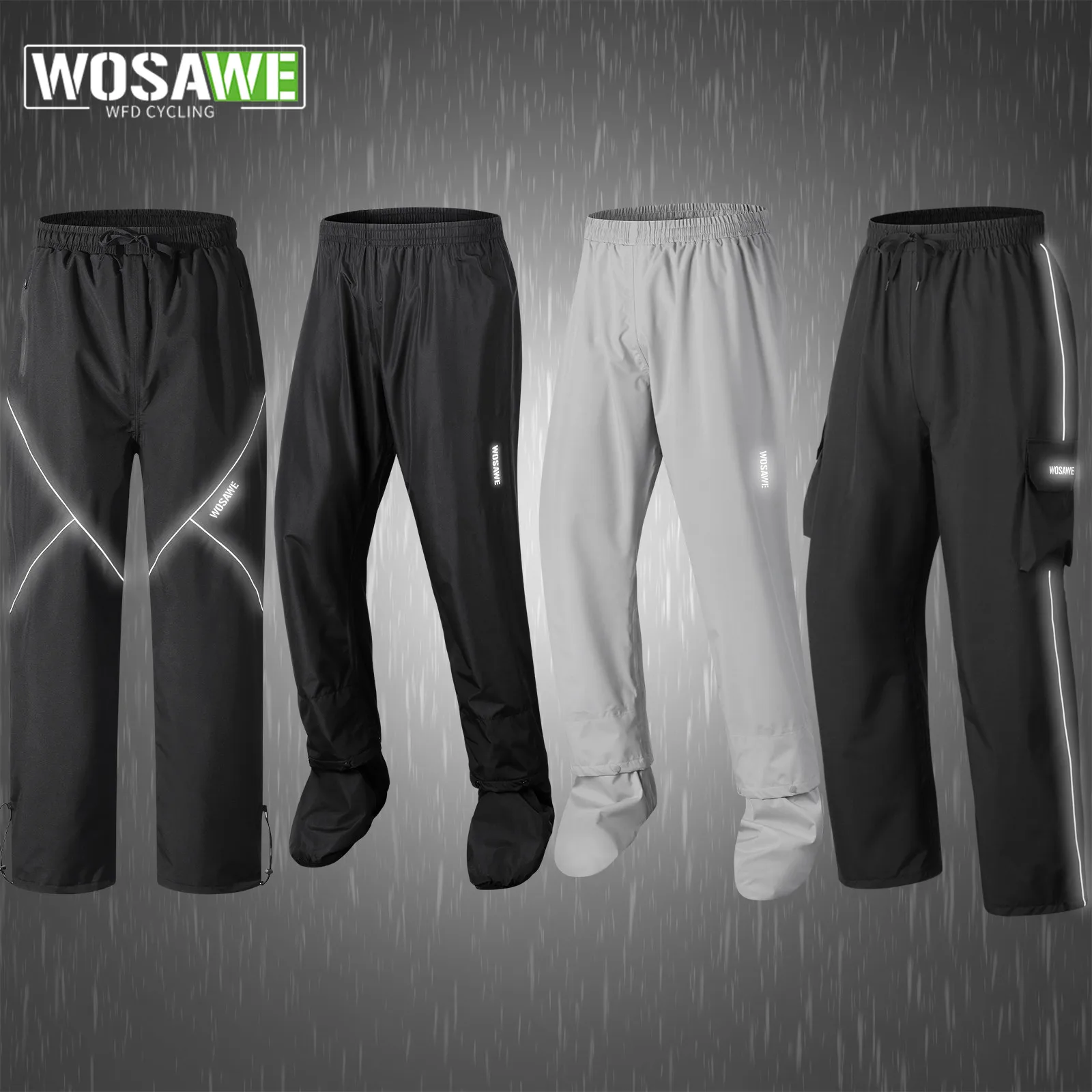 WOSAWE Cycling Rain Pants Waterproof Reflective MTB Bike Rain Trouser Sports Multi-use Running Hiking Camping Fishing Pant
