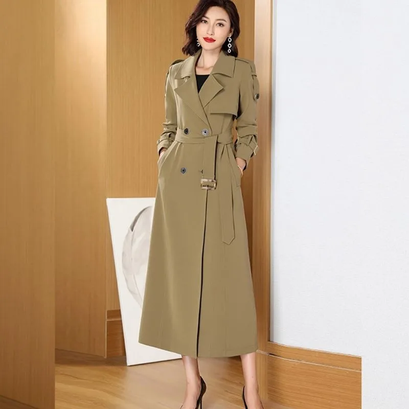 2023 Autumn New Women Long Knee-Length Trench Coat Female Temperament Leisure High-End Outwear Fashion Casual Solid Color Parkas