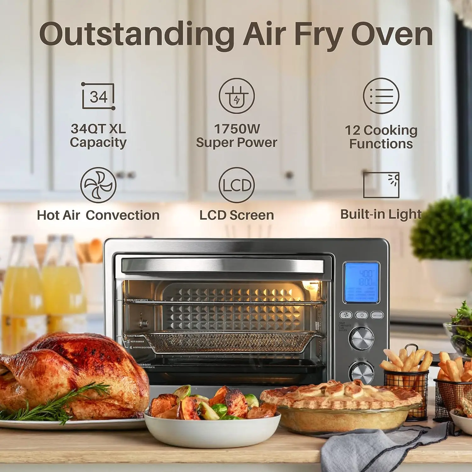 Fryer Oven, 34QT Extra Large 1750W Toaster Oven Air Fryer Combo, 12\u201D  Pizza Convection Oven Countertop, 12-in-1 Large Rotiss - AliExpress