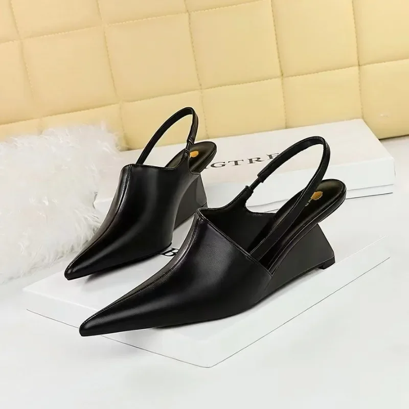 

Elegant Fashion Patent Leather Shallow Pointed Toe Hollow Back Strap High Heels Wedges Shoes Lady Trendy Pumps Pink Sweet