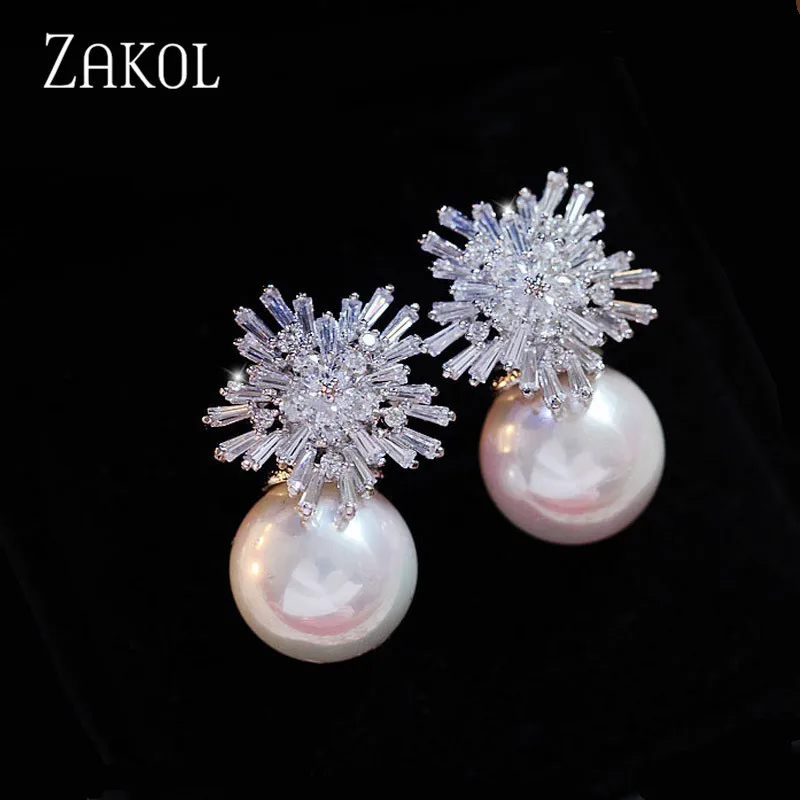 ZAKOL 6 цветов корейская мода круглый искусственный жемчуг Снежинка Висячие серьги для элегантных женщин свадебные ювелирные изделия из циркония