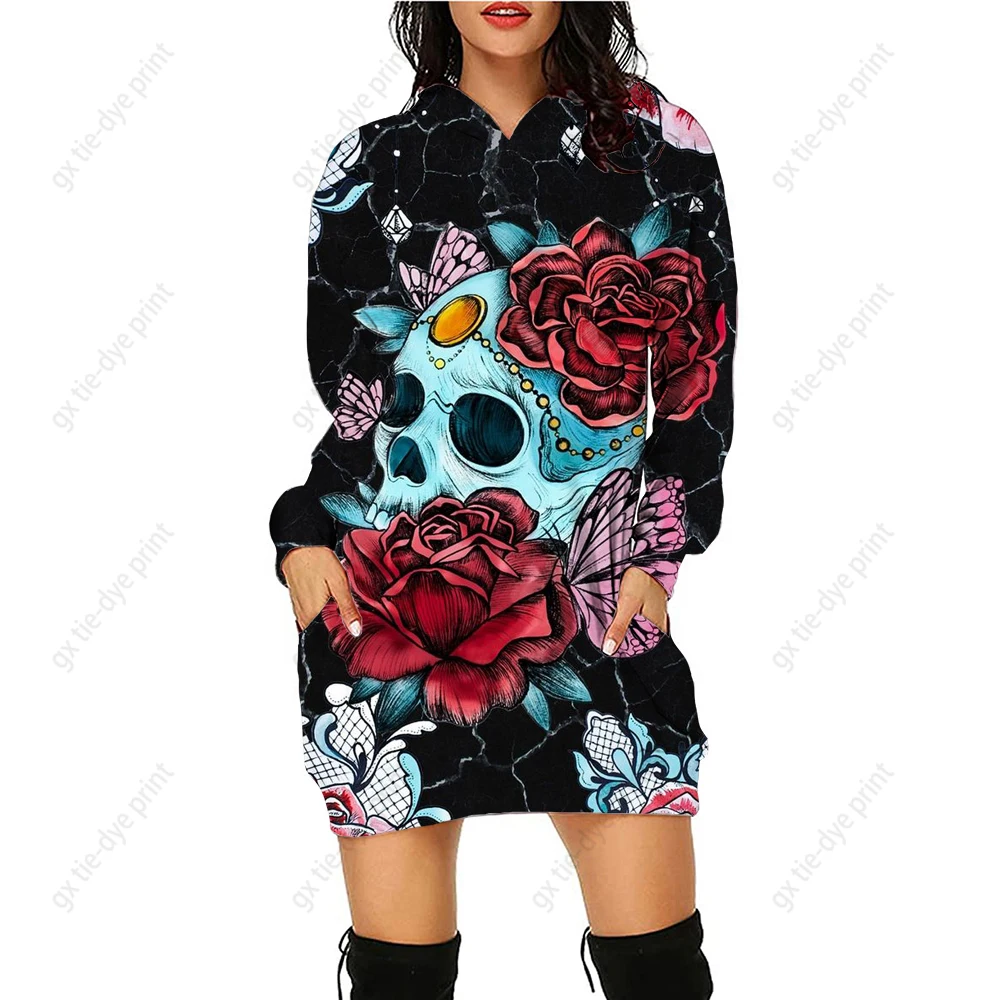 

Flower Skull print Women Fashion Hoodie Vintagee Sweats Hoodie High Quality Coats Hooded Pullovers Clothes Warm Sudaderas Native