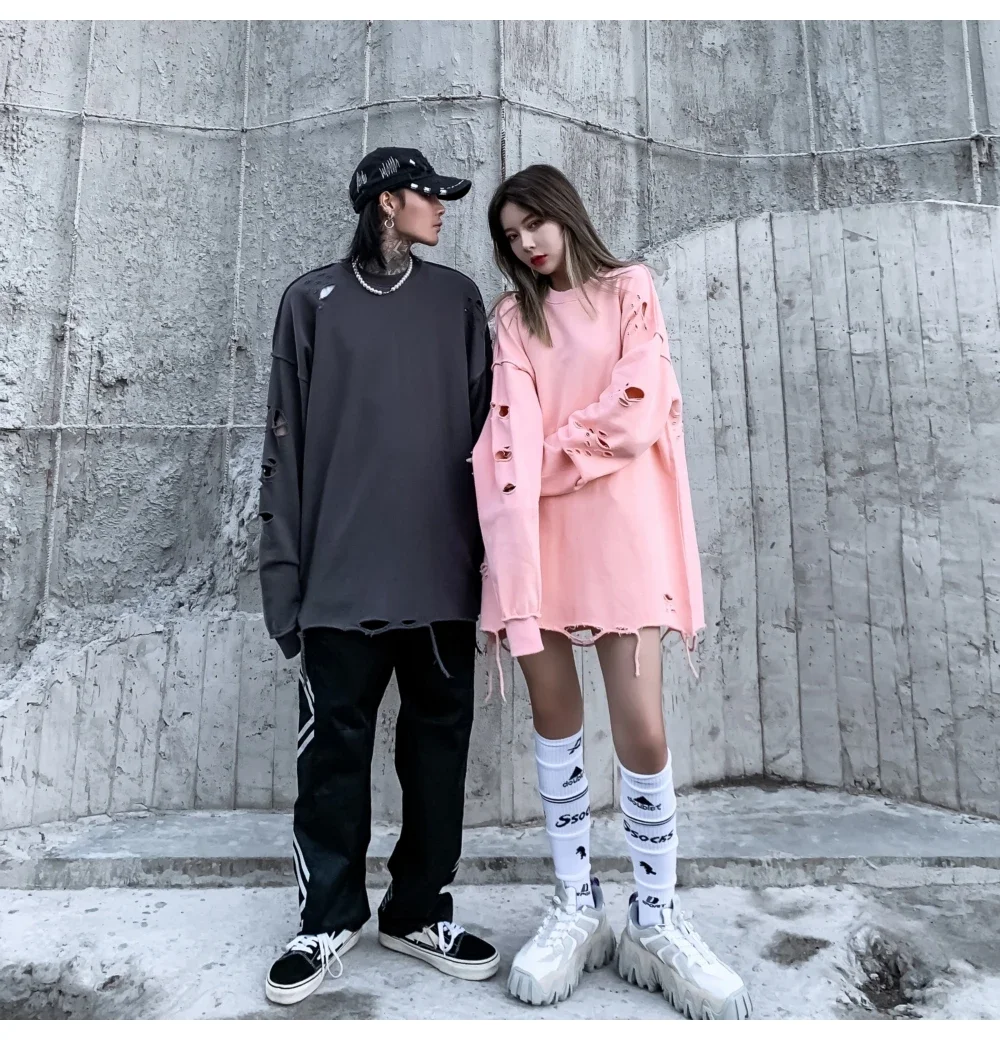 Camisolas rasgadas de manga comprida para homens e mulheres, pulôveres de ombro, streetwear com buracos rasgados, roupas grunge, sloth tops, primavera
