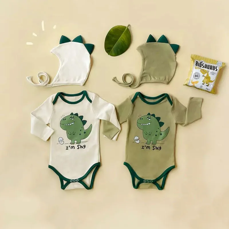 6949 Baby Clothes Cartoon Bodysuit with Hat Autumn New Ins Dinosaur Boy's One Piece Clothes Cute Climbing
