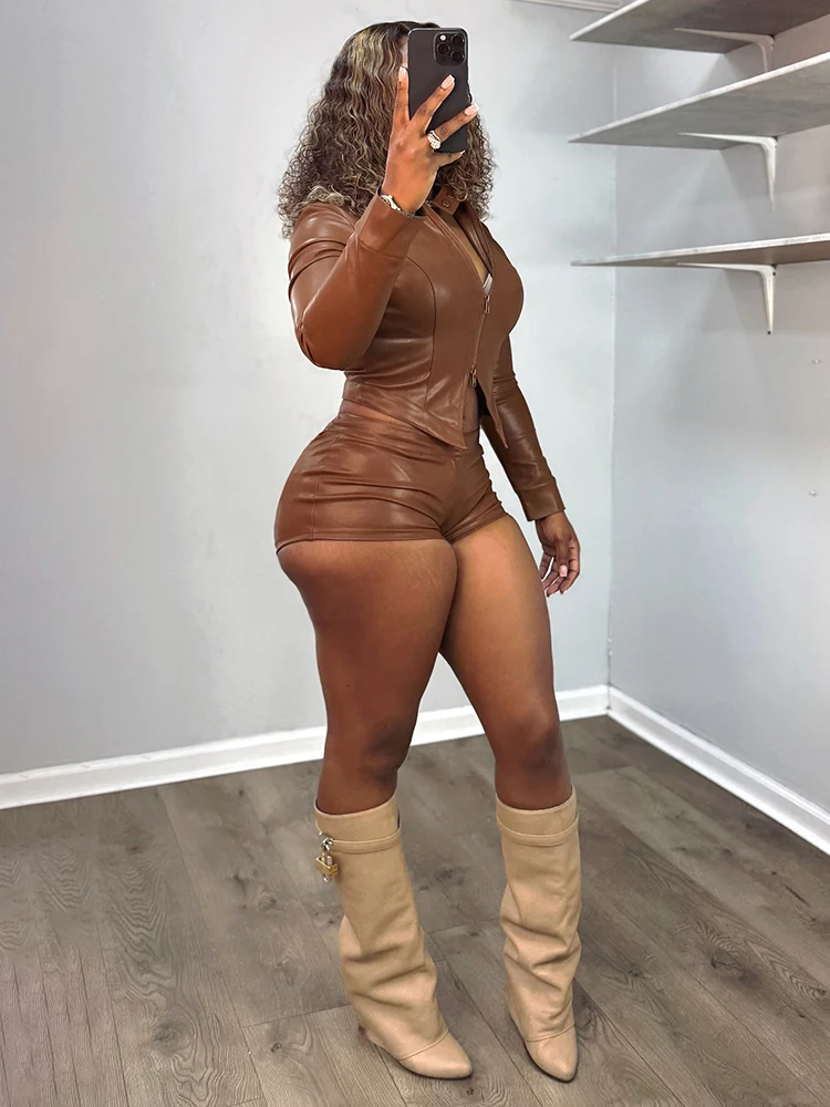 Nibber Faux Leather 2Piece Set Women Tracksuit Trend Zip Stand Collar Jacket+Bike Short Matching Activity Hottie Hipster Outfits