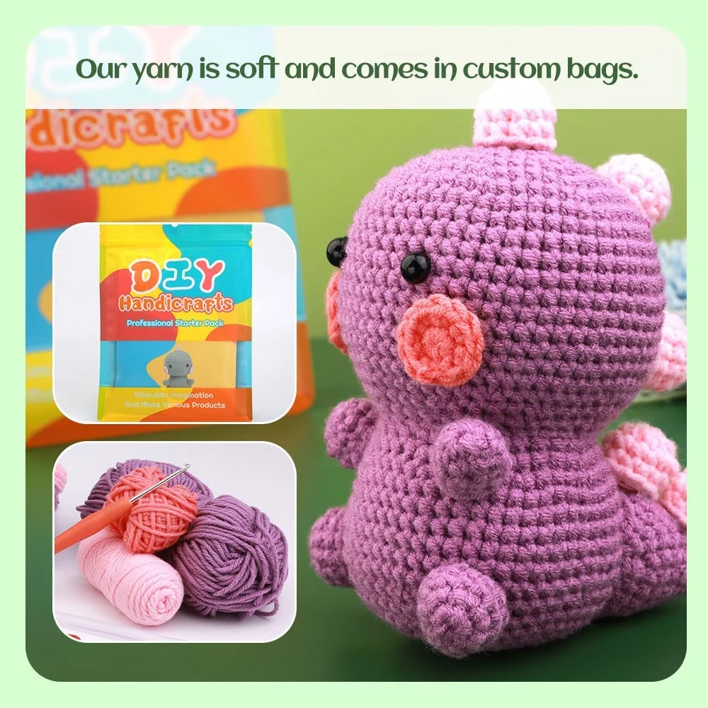 LMDZ Purple Dinosaur DIY Animal Beginners Kniting Kit for Adults and Kids with Crochet Accessories and Instructions images - 6