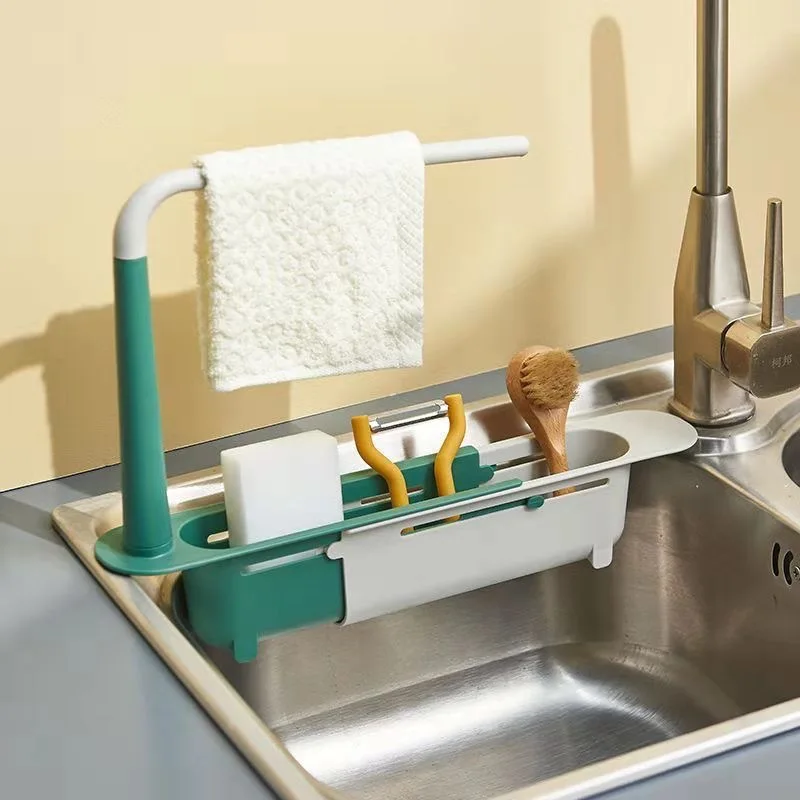 

Kitchen Sink Organizer Telescopic Sink Shelf Soap Sponge Holder Towel Hanger Sink Drain Rack With Drainer Basket Kitchen Gadgets