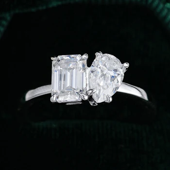 1/2 Carat Emerald Cut & Pear Cut Moissanite Rings S925 Silver D Color VVS1 Lab Diamond Ring Engagement Wedding Bands Jewelry 4