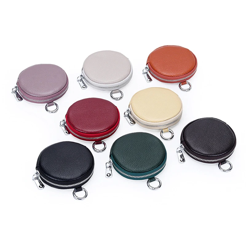 Genuine Leather Zipper Round Coin Purse Wallet with Keychain Coin Organizer Change Holder Mini Leather Storage Bag for Men Women