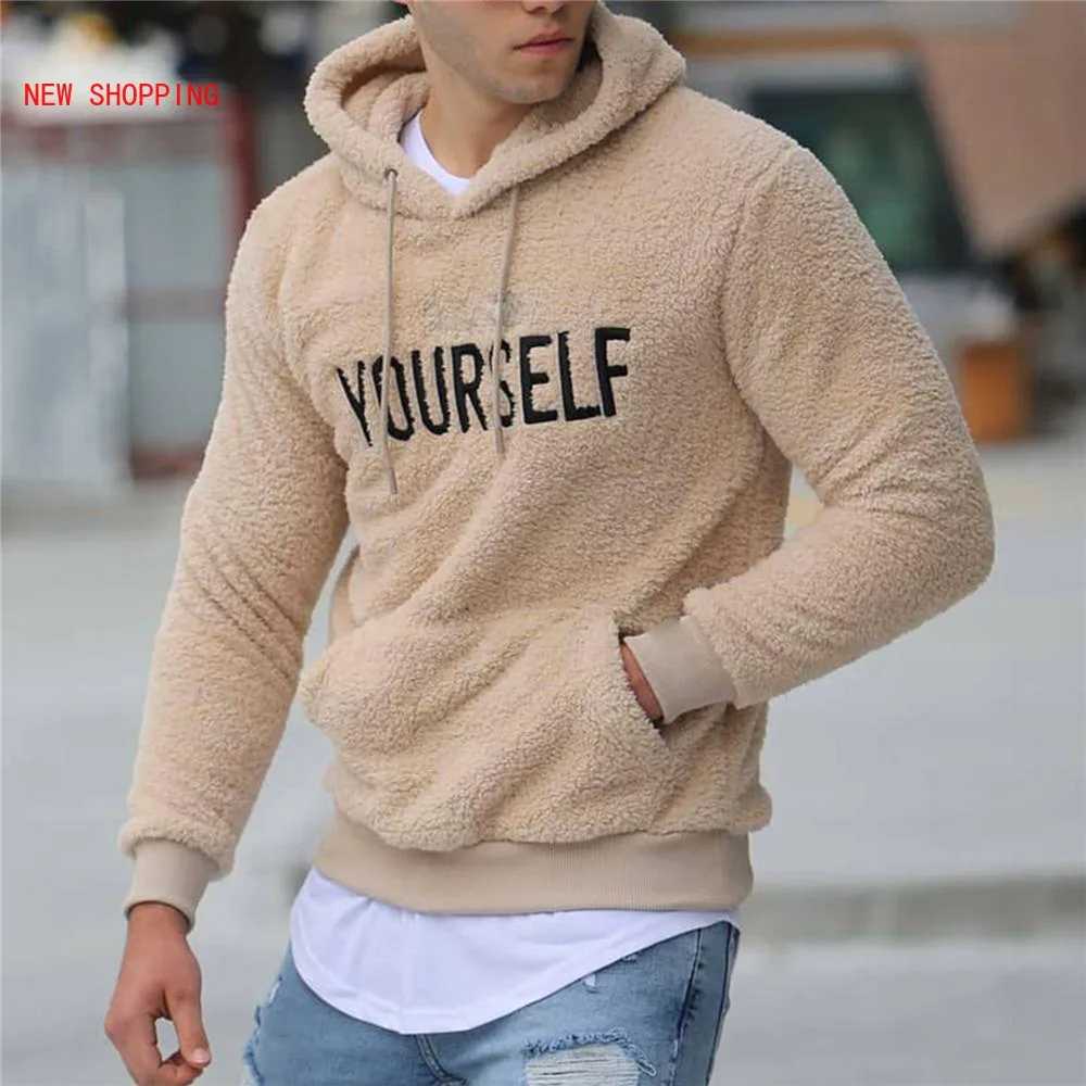 Autumn Winter Men Warm Plush Fleece Hoodie Sweatshirts Casual Long Sleeve Letter Print Hooded Pullover Teddy Tops Fashion Street