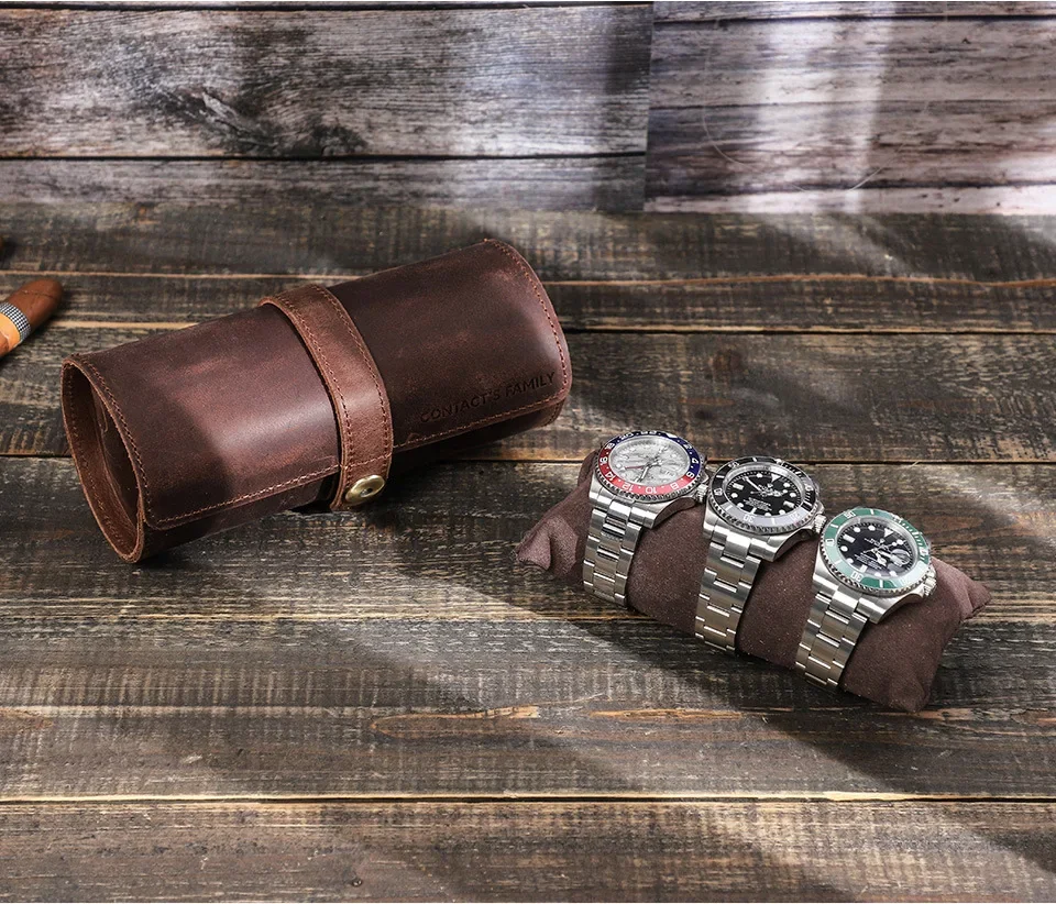 Travel Portable Genuine Leather Watch Roll 3 Slot Watch Case Box Gift Box Display Storage Organizers Customizable Logo
