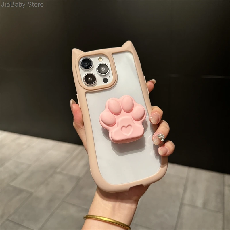 Custodia per telefono morbida glitterata con supporto per gatto in silicone trasparente liquido a copertura totale per iPhone 11 12 13 14 15 16 Pro Max Plus_voghion.com