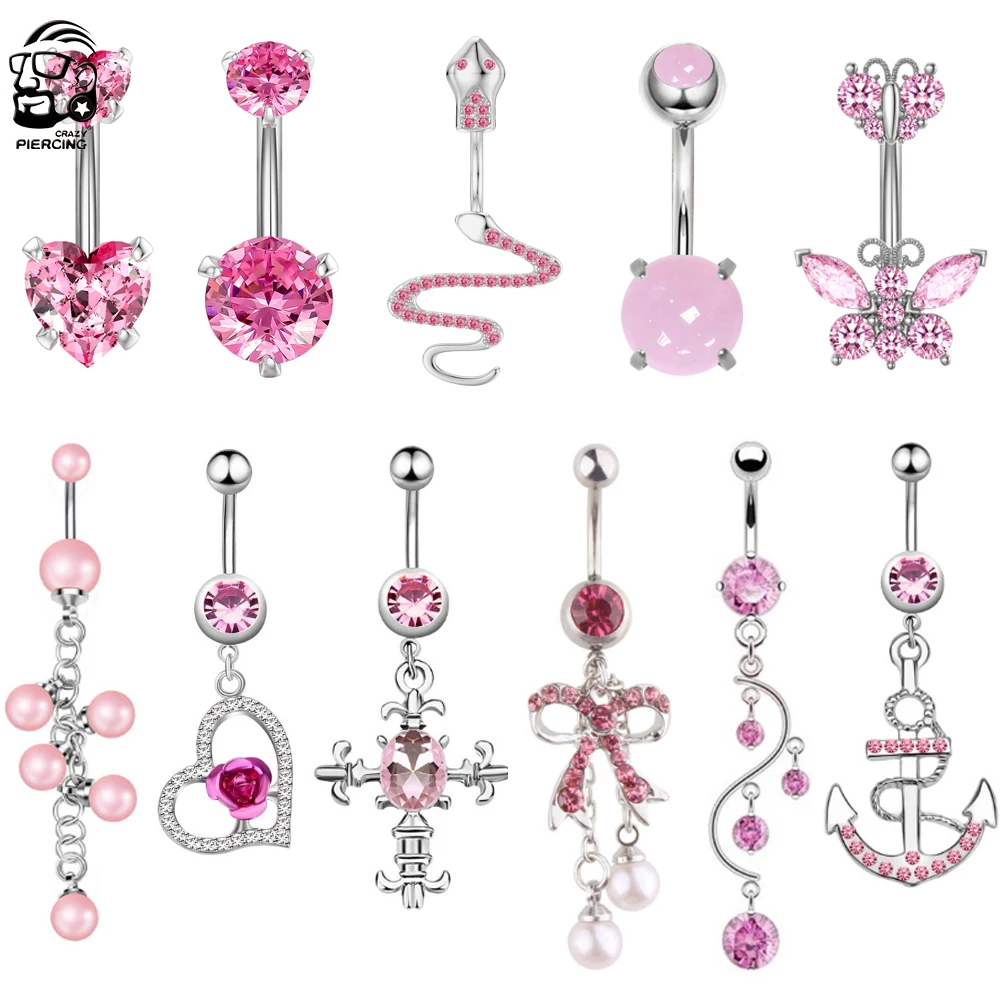 New Pink Series Dangled Anelli Per Ombelico Cuore Croce Zircone Curvo Bilanciere Piercing Per Le Donne Gioielli Per Il Corpo 1.6Mm * 10Mm