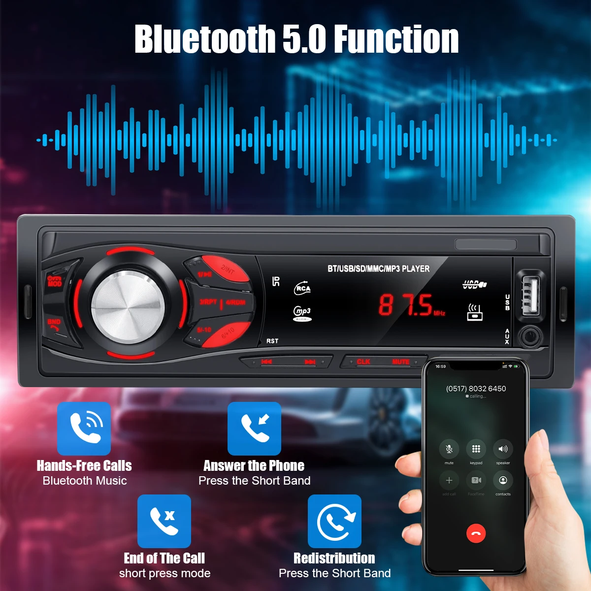 DuoDton Car Radio Audio 1 Din Bluetooth Stereo Hands-Free Calling MP3 Player FM Receiver With AUX/USB/TF Card In Dash Kit