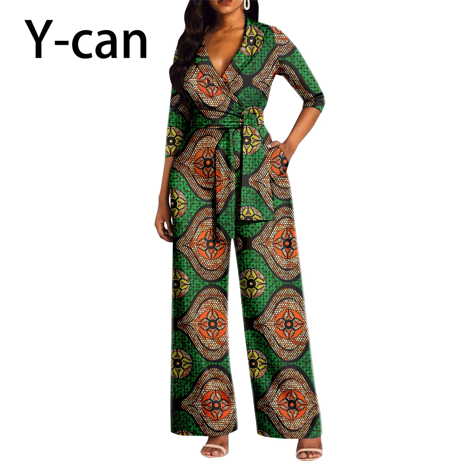 African Clothes for Women Suit V-neck Jumpsuit Loose Wide-leg Pant Bazin Riche Set Lady Ankara Causal Elegant Outfits Y2329001 women summer jumpsuit wide leg oversized short sleeves o neck dress up elegant vintage plus size lady jumpsuit women clothes