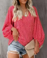 2023 New European and American  Cross Boder Spring/Summer/Autumn V-neck Casual Shirt Printed Lantern Sleeve Top Women's W - Image 4