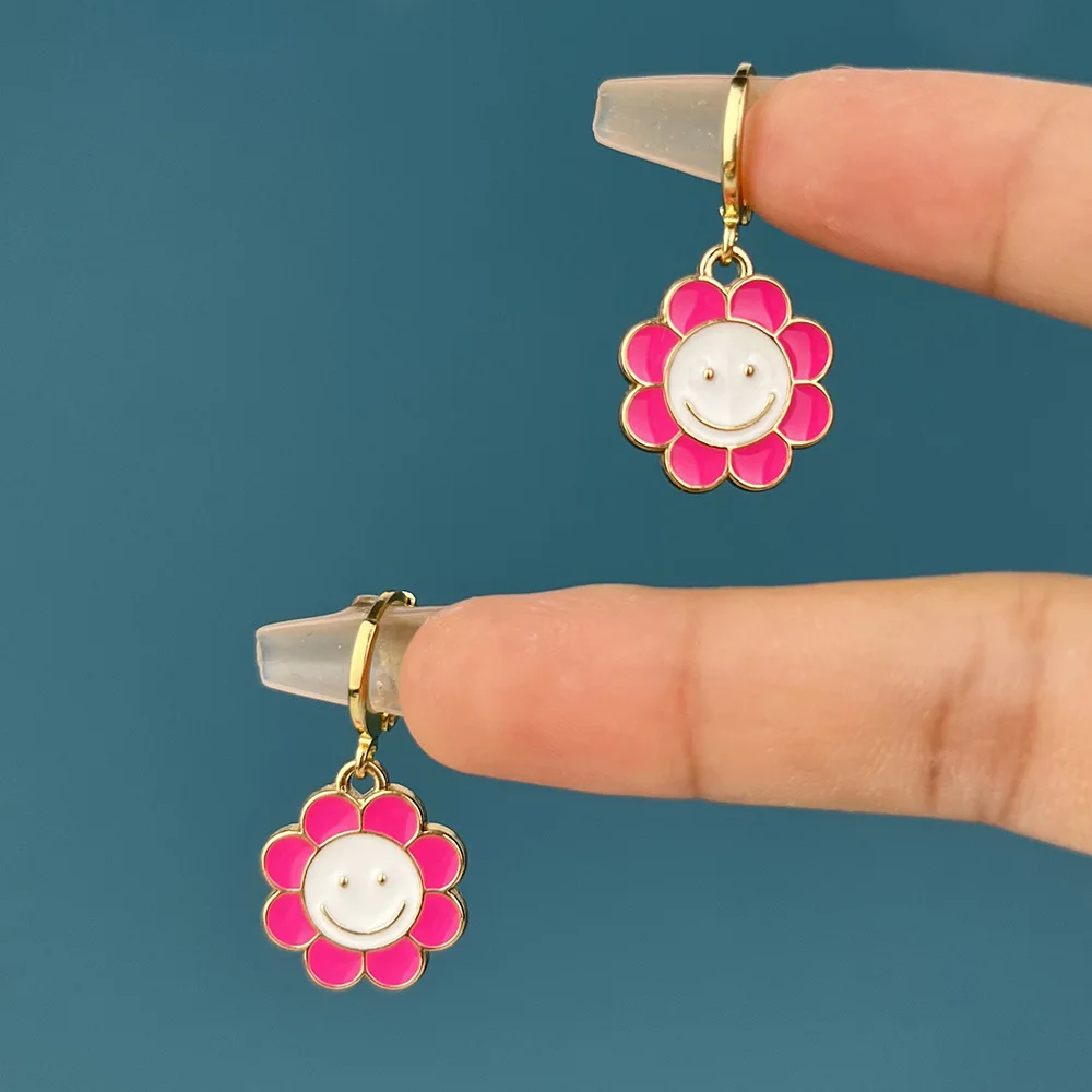 

New Alloy Sunflower Drop Oil Multicolor Smile Face Circle Earrings for Women Pendants