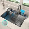 Stainless Steel Waterfall Sink Kitchen Large Single Slot Integrated Digital Display Faucet Set Embossed Wash Basin 1