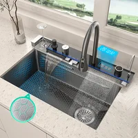 Stainless Steel Waterfall Sink Kitchen Large Single Slot Integrated Digital Display Faucet Set Embossed Wash Basin 1