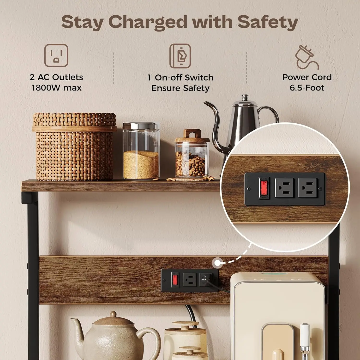 Kitchen Bakers Rack with Power Outlet, Coffee Bar Table 4 Tiers, Kitchen Microwave Stand with 6 S-shaped Hooks 3