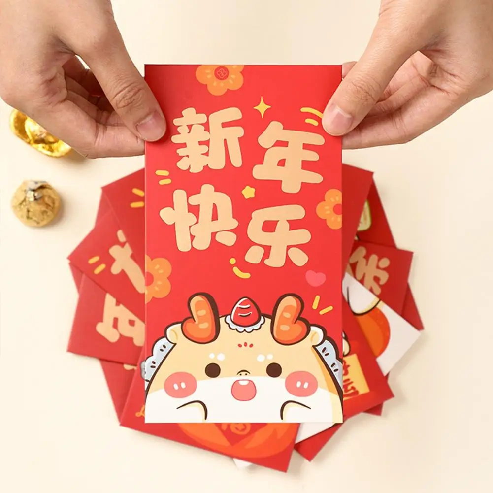 

6 Pcs Chinese New Year Red Envelopes Cartoon Dragon Pattern Good Blessing Letters Traditional Chinese Bonus Gilded Red Pockets