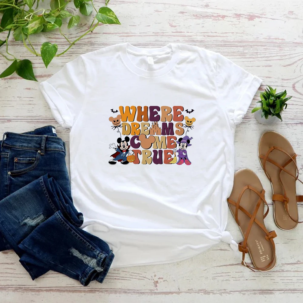 

Disney Mickey Minnie Halloween T-shirts Where Dreams Come True Magic Kingdom Trip Woman Clothes Happy Festival T Shirt Women