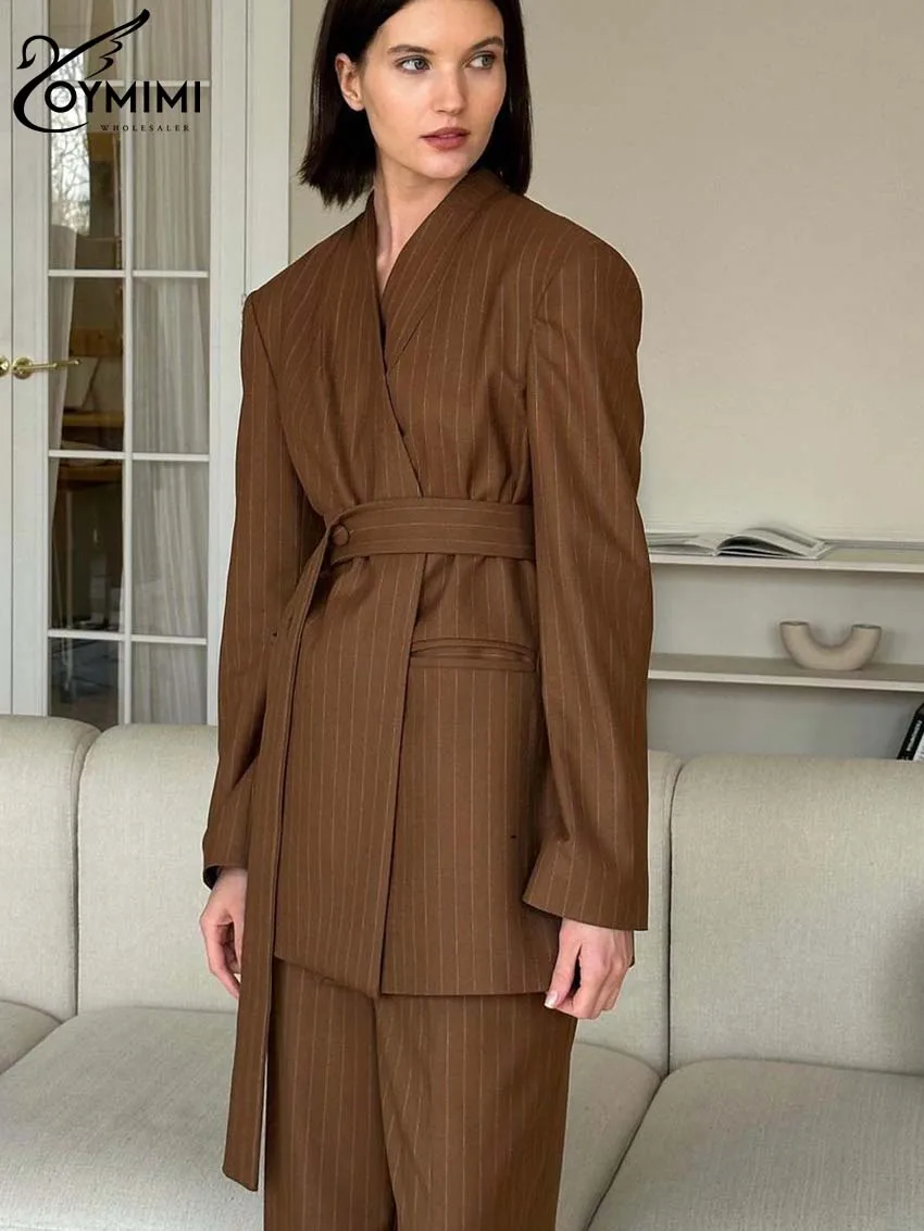 Oymimi 여성용 다크 브라운 프린트 투피스 세트, 우아한 브이넥 긴팔 레이스업 셔츠 및 스트레이트 전체 길이 바지 세트, 패션