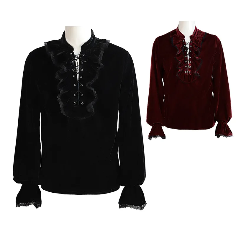 

Мужская бархатная рубашка в стиле стимпанк с оборками, средневековая викторианская блузка с длинным рукавом, винно-красная кружевная отделка, средневековый костюм вампира