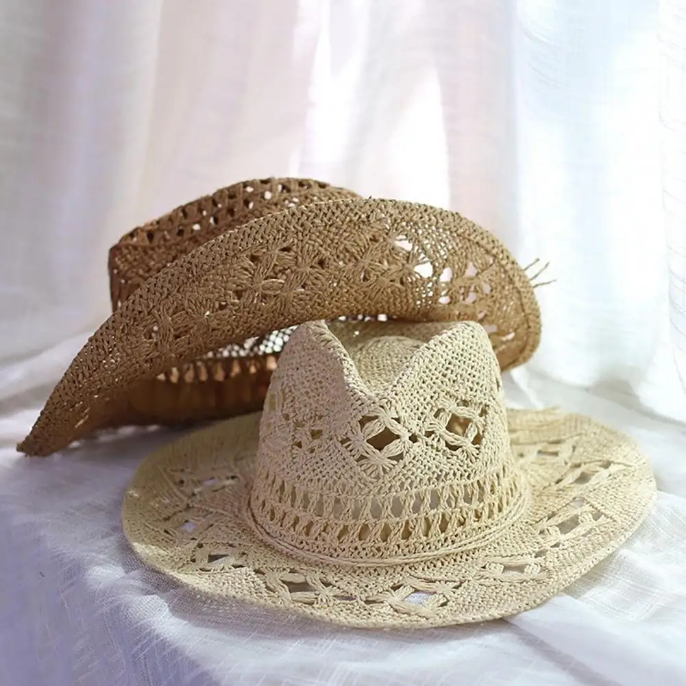 Women Cowboy Hat Unisex Hollow Out Summer Hat Solid Color Curled Edge Strap Jazz Decorative Vintage Braided Straw