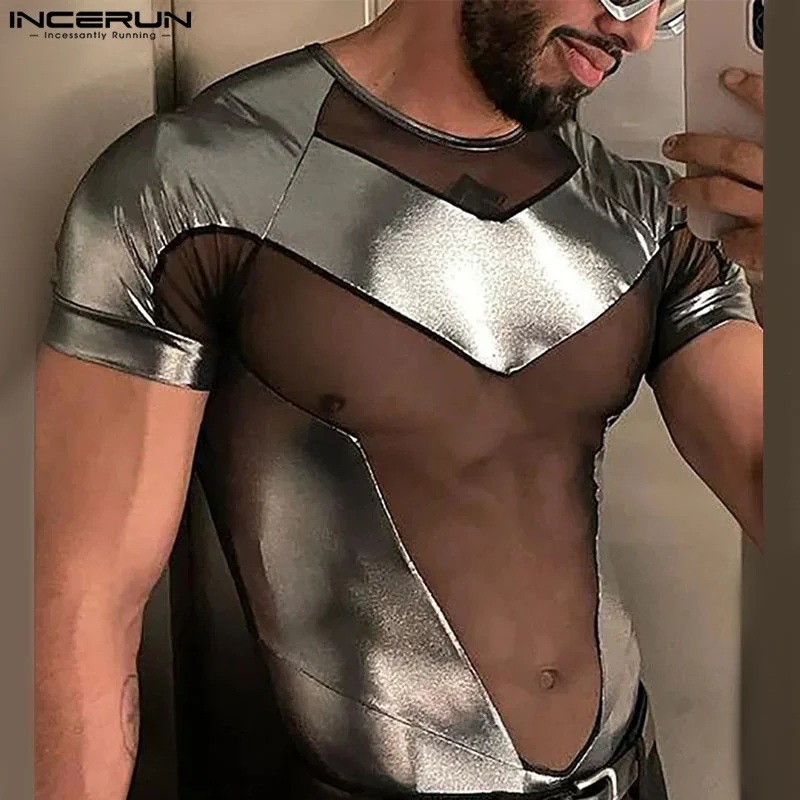 Men's Bodysuits Mesh Patchwork Shiny O-neck Short Sleeve Male Rompers Transparent Streetwear Fashion Bodysuit S-3XL men bodysuits men lingerie men jumpsuits