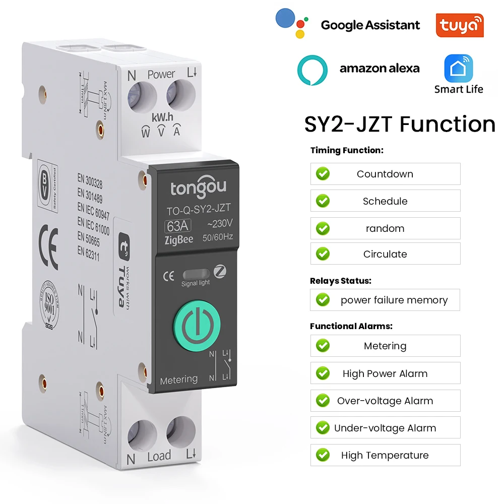 TUYA ZigBee Smart Circuit Breaker With Metering 1P 63A DIN Rail for Smart Home Wireless Remote Control Switch by Life APP
