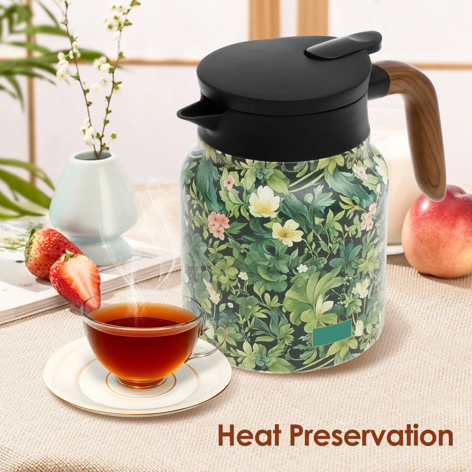 Elegant Floral Stainless Steel Insulated Tea Kettle with Handle and Built-in Infuser, 1L Capacity