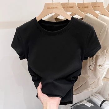 AOSSVIAO 2025 Harajuku المرأة طاقم الرقبة قصيرة الأكمام القطن سليم موضة المحملة مع الجانبين Ruched التفاصيل تي شيرت 2