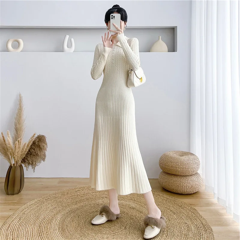 Ribbed Autumn Knit Long Dress For Women Fashion High Waist Elegant Solid Long Sleeve Dress Lapel Loose Knitwear Maxi Dress