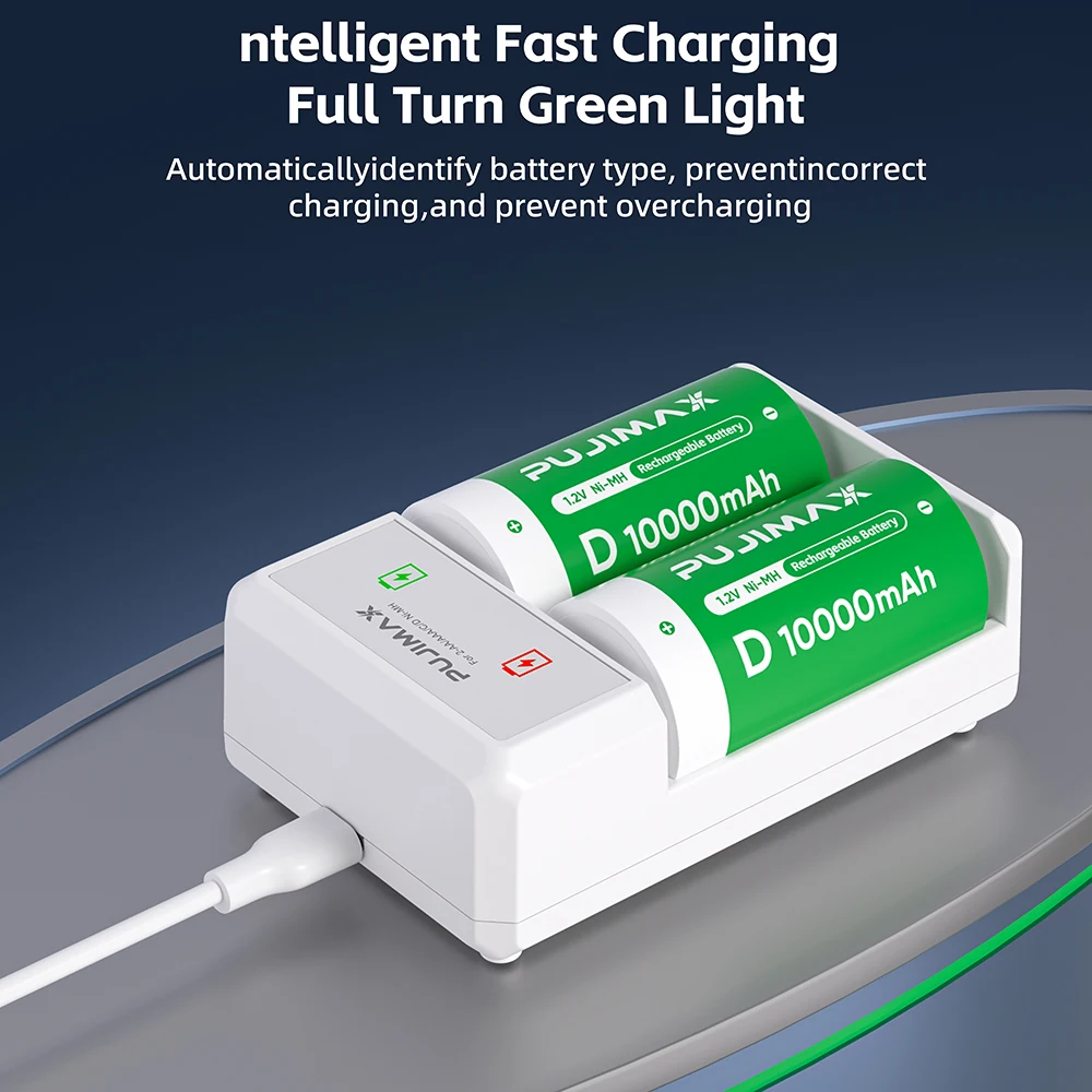 PUJIAMX AA/AAA/C/D 배터리 충전기(1.2V NI-MH 충전식 배터리용) LCD 디스플레이 USB 타입 C 케이블이 포함된 고속 충전 도구