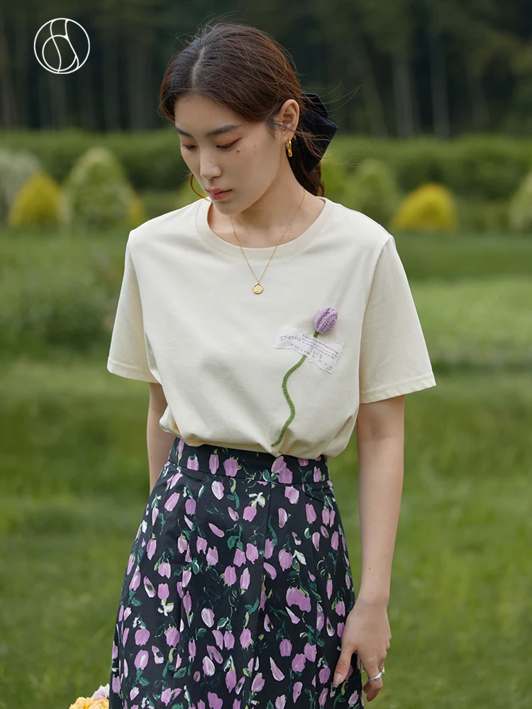 

DUSHU Design Chic Style Women T-shirt Artistic Three-dimensional Woven Tulip Round Neck Short-sleeved Summer Female Tops Tees