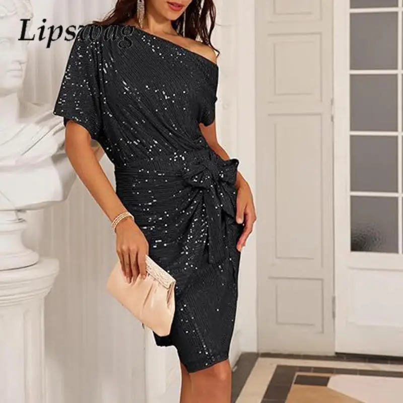 

Elegant Solid Color Lace-Up Slim-Fit Party Dress Fashion Beaded Sequin French Dress Women Sexy Slant Neck Asymmetric Midi Dress