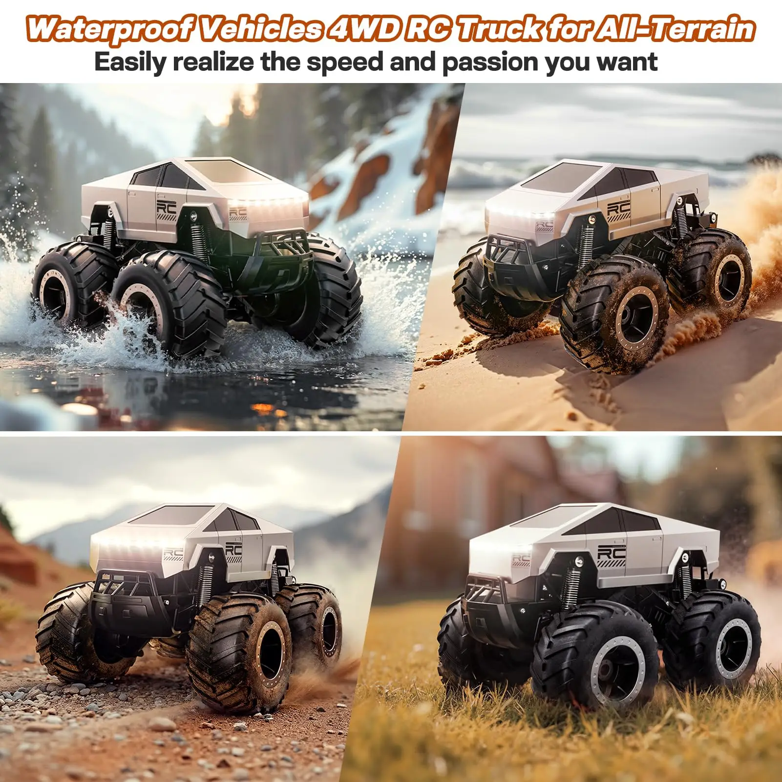Camion RC 4WD Amphibie Tout Terrain - Batterie Lithium - Argent flottant sur un lac
